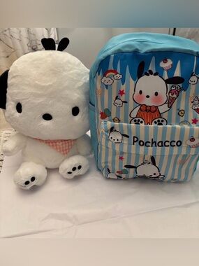 Sanrio Pochacco Blue Striped Kids Backpack with White Plush